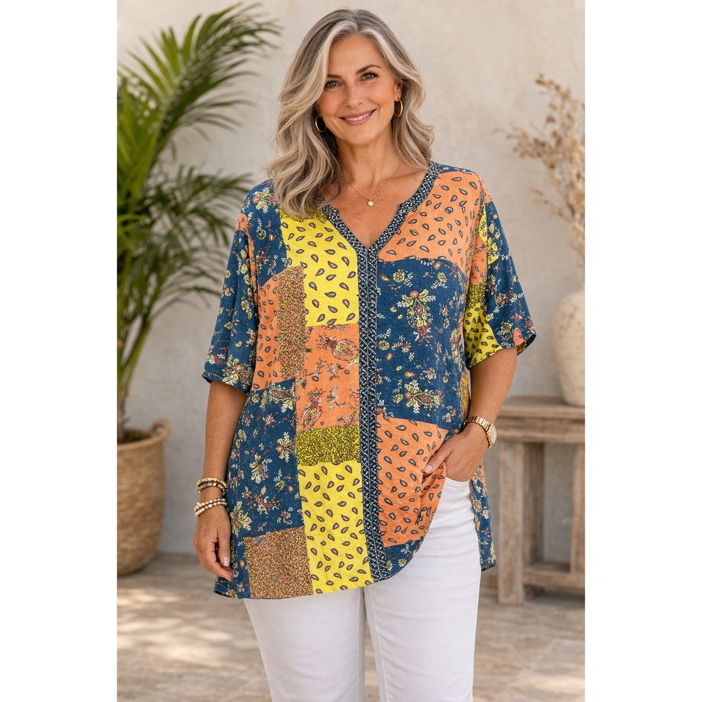 Womens Tunic Top 22/24 Patchwork Casual‎ Cottagecore Colorful Relaxed
